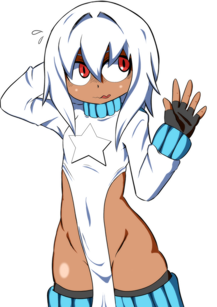 1girl, absurdres, black_gloves, blush, commentary_request, covered_navel, cowboy_shot, dark-skinned_female