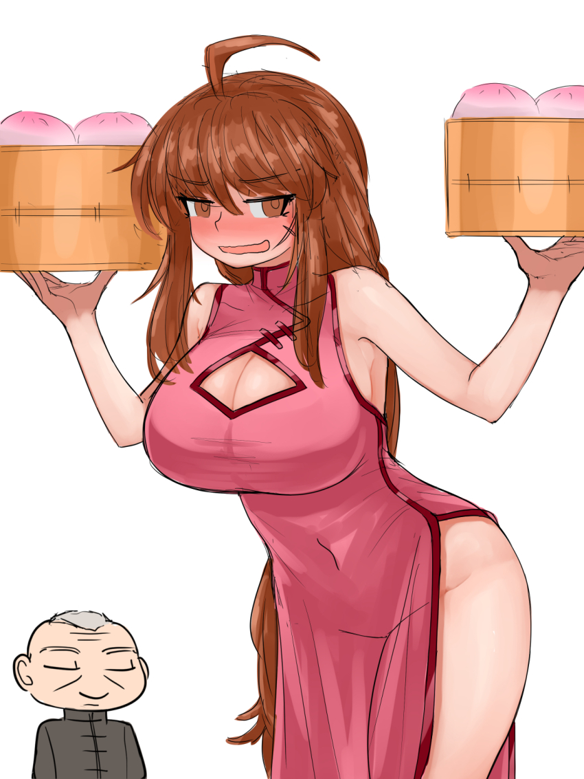 1boy, 1girl, ahoge, alternate_breast_size, bamboo_steamer, bare_arms, bare_legs, breasts, brown_eyes, brown_hair, china_dress, chinese_clothes, cleavage, cleavage_cutout, clothing_cutout, dress, grey_hair, highres, holding, holding_bamboo_steamer, large_breasts, lei_kuugo, live_a_live, master_shinzanken, old, old_man, pink_dress, sleeveless, sleeveless_dress, steamingtofu, tangzhuang