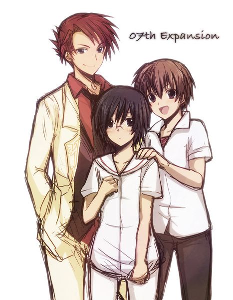 3boys, black_eyes, black_hair, blue_eyes, brown_hair, company_connection, creator_connection, crossover, formal_clothes, glasses, higurashi_no_naku_koro_ni, in-franchise_crossover, kuzumi_hiroshi, maebara_keiichi, male_focus, multiple_boys, necktie, ookamikakushi, red_hair, school_uniform, smile, suit, uka_(color_noise), umineko_no_naku_koro_ni, ushiromiya_battler