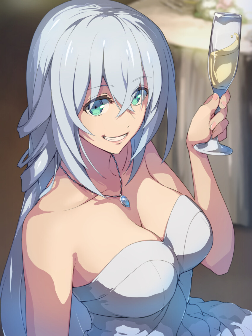 1girl, alcohol, arm_at_side, bare_arms, bare_shoulders, breasts, champagne, champagne_flute