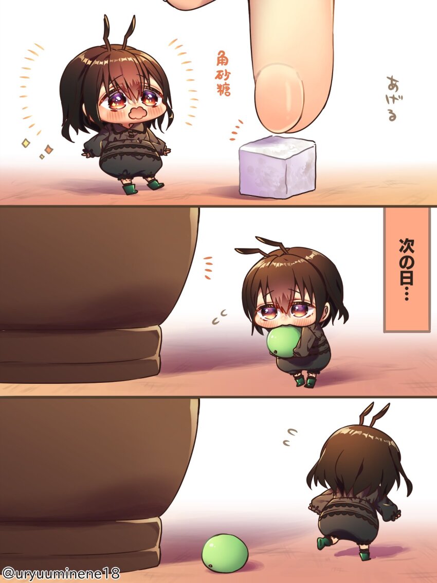 1girl, 3koma, ant_girl, antennae, arthropod_girl, black_shirt, blush, brown_eyes