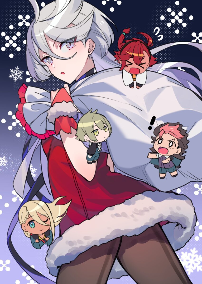 >_<, 2girls, 3boys, asticassia_school_uniform, black_hairband, black_pantyhose, bridal_gauntlets, chibi