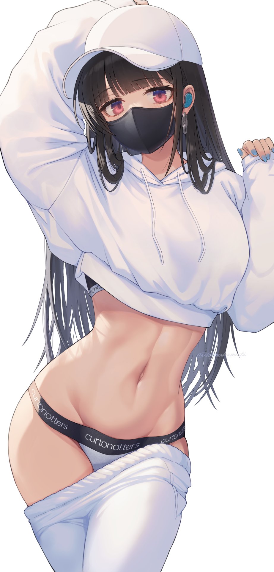 1girl, arm_up, black_hair, black_mask, blue_nails, blunt_bangs, blush, clothes_pull