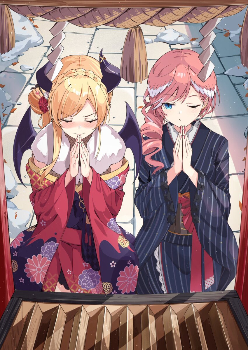 2girls, anbasa_(amaneyuz13), blonde_hair, blue_eyes, blush, closed_mouth, demon_horns, drill_hair