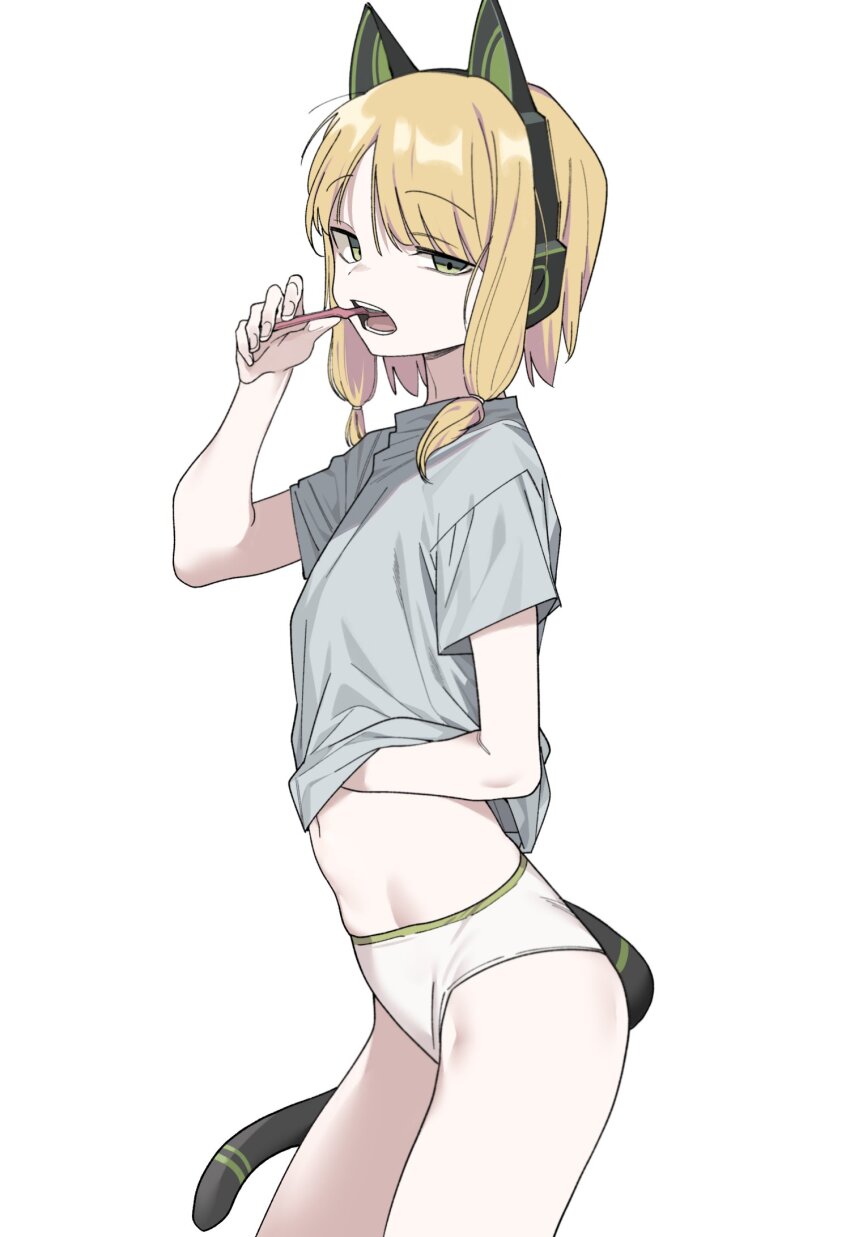 1girl, animal_ear_headphones, animal_ears, bad_id, bad_twitter_id, blonde_hair, blue_archive, brushing_teeth