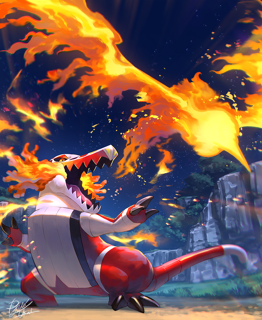 black_sclera, colored_sclera, commentary_request, fire, fire_bird_(skeledirge), night, nintendo, no_humans