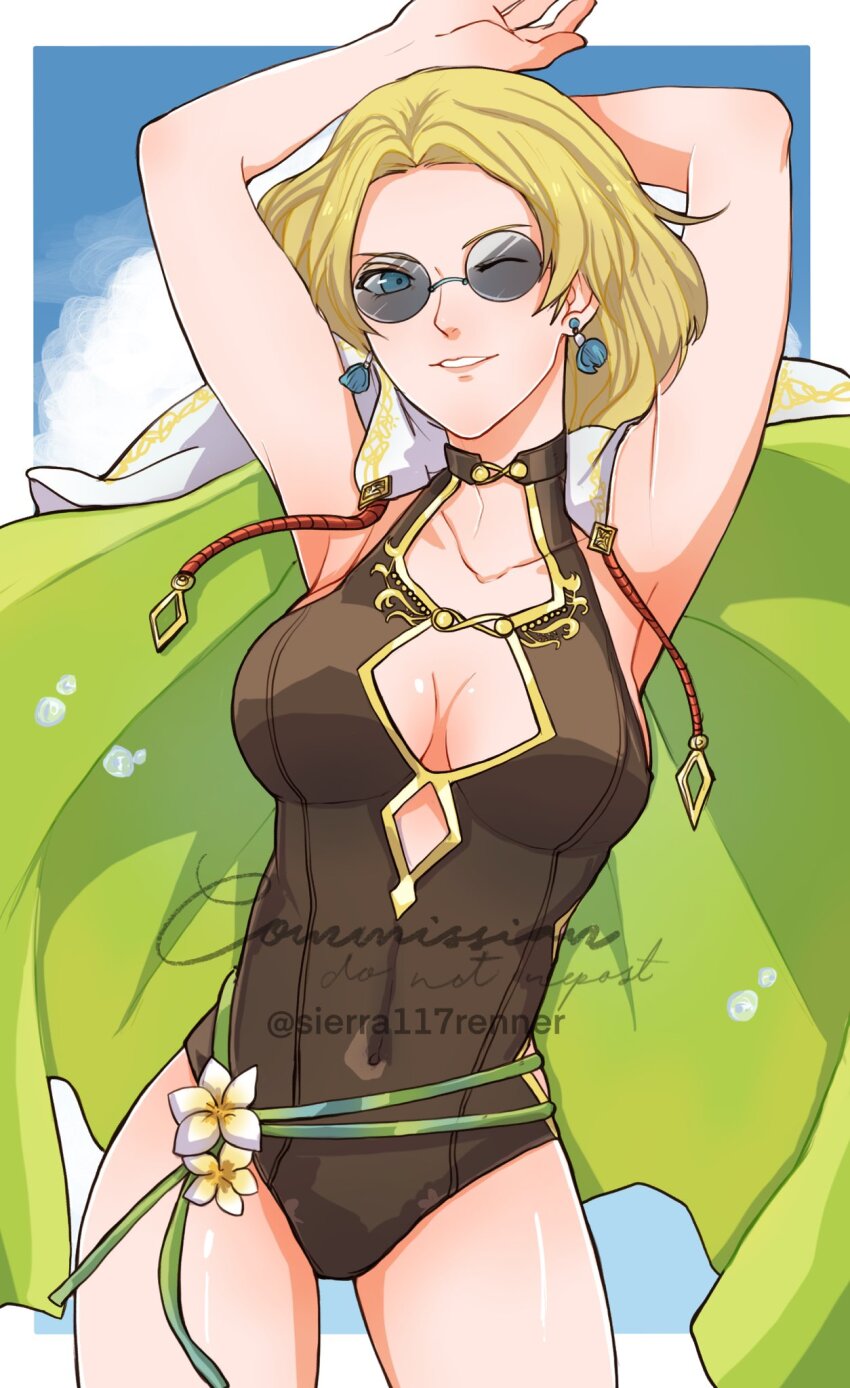 arms_up, blonde_hair, blue_eyes, breasts, cape, collarbone, covered_navel, earrings