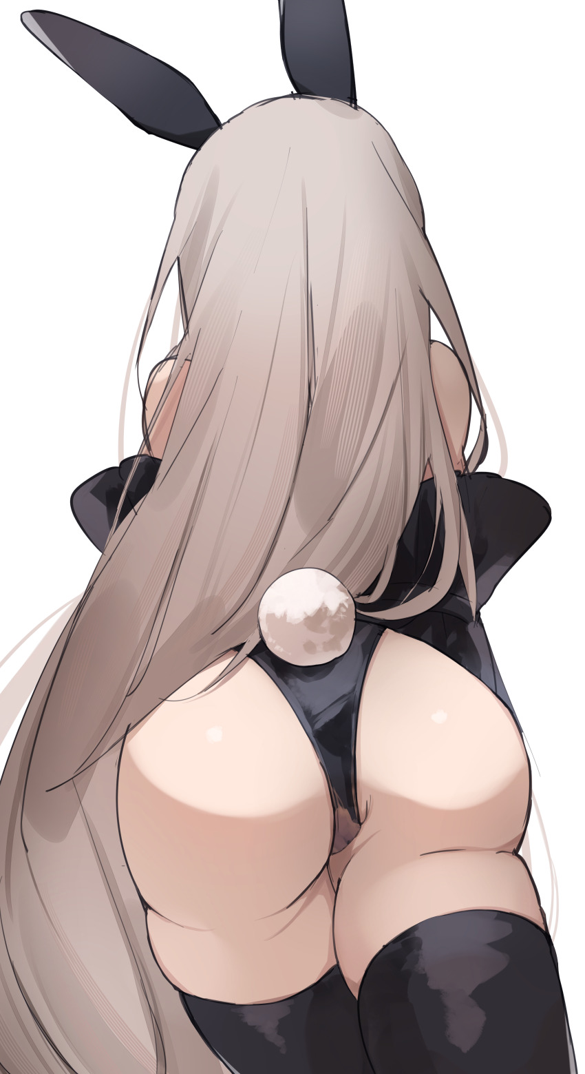 1girl, absurdres, alternate_costume, animal_ears, arknights, arm_garter, ass, ass_focus, black_leotard, black_thighhighs, chunta, commentary, cowboy_shot, fake_animal_ears, fake_tail, from_behind, highleg, highleg_leotard, highres, leotard, long_hair, playboy_bunny, rabbit_ears, rabbit_tail, simple_background, skadi_(arknights), solo, standing, strapless, strapless_leotard, tail, thighhighs, thighs, very_long_hair, white_background