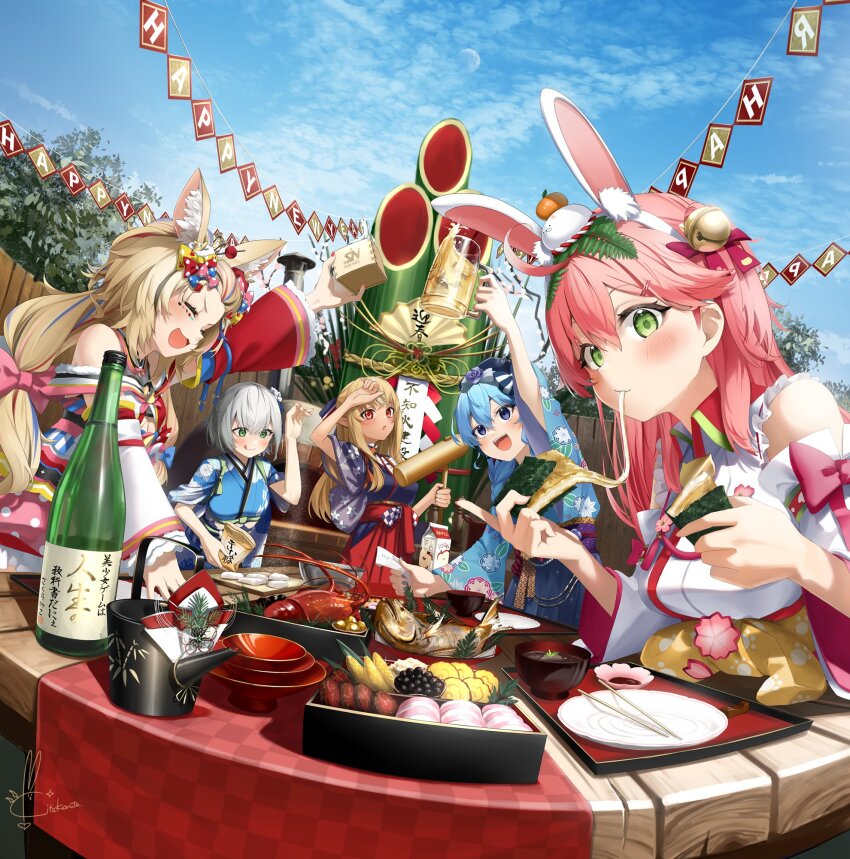 5girls, :d, :o, animal_ear_fluff, animal_ears, bell, black_hair, blonde_hair