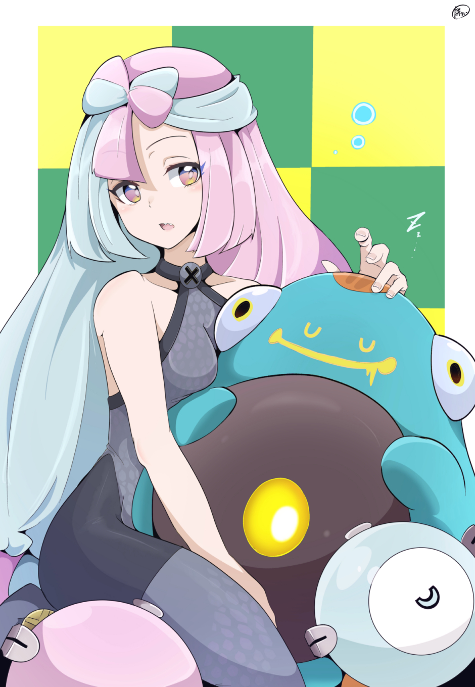 1girl, bellibolt, bodysuit, breasts, bubble, collarbone, commentary_request, eyelashes, green_hair, grey_bodysuit, hand_up, highres, iono_(pokemon), long_hair, looking_at_viewer, medium_breasts, mochi_curry, multicolored_hair, nintendo, no_jacket, open_mouth, pokemon, pokemon_(creature), pokemon_scarlet_and_violet, purple_eyes, purple_hair, sleeping, two-tone_hair, zzz