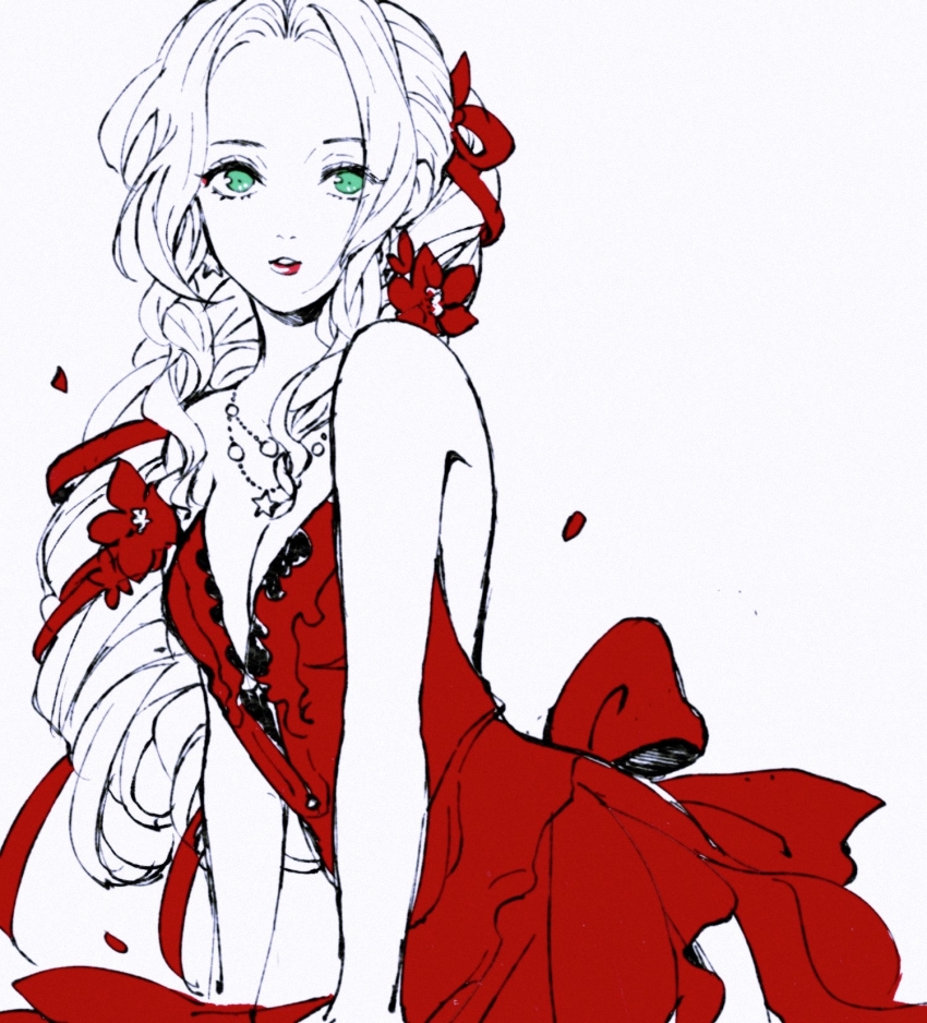 1girl, aerith_gainsborough, aerith_gainsborough_(red_dress), ashinamaturi, back_bow, bare_arms, bare_shoulders, bow, breasts, cleavage, cowboy_shot, dress, falling_petals, final_fantasy, final_fantasy_vii, final_fantasy_vii_remake, flamenco_dress, flower, green_eyes, hair_flower, hair_ornament, hair_ribbon, highres, jewelry, leaning_forward, limited_palette, long_hair, looking_at_viewer, medium_breasts, necklace, official_alternate_costume, parted_bangs, parted_lips, petals, ponytail, red_dress, red_flower, red_lips, red_ribbon, ribbon, side_slit, sidelocks, solo, spot_color, square_enix, star_(symbol), star_necklace, strapless, strapless_dress, wall_market, wavy_hair, white_background, white_hair