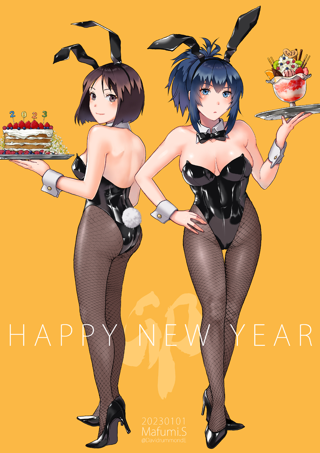 2girls, animal_ears, artist_name, black_leotard, blue_eyes, blue_hair, bow, bowtie