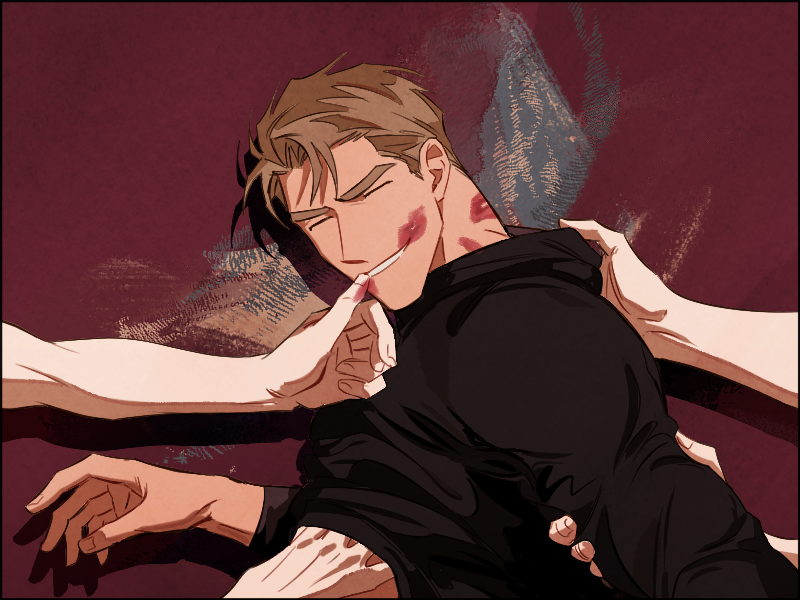 1boy, black_shirt, blonde_hair, closed_eyes, finger_to_another's_mouth, glenn_mcqueen, hand_on_another's_stomach, jaxx_s2, lipstick_mark, long_sleeves, open_mouth, shirt, smile, solo, thick_eyebrows, walk_on_water