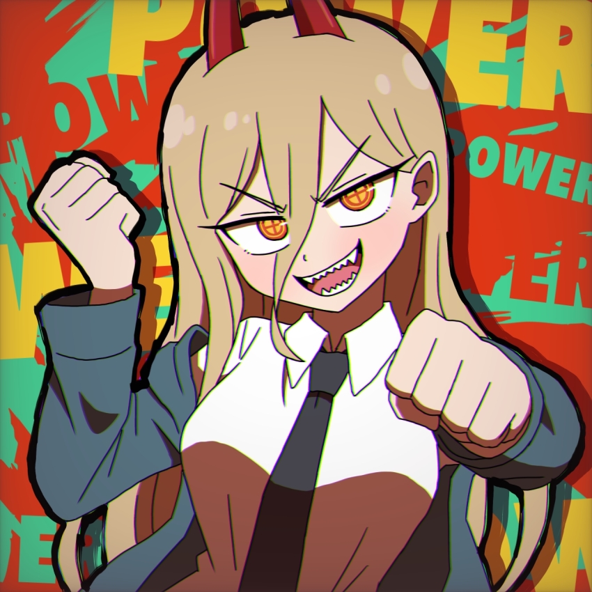 1girl, chainsaw_man, dress_shirt, english_text, highres, jacket, power_(chainsaw_man), shirt