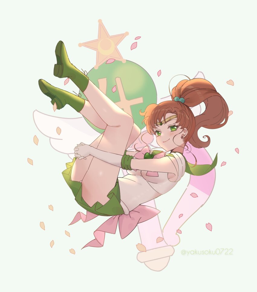 +1_(yakusoku0722), 1girl, back_bow, bishoujo_senshi_sailor_moon, bow, bowtie, brooch, brown_hair, choker, circlet, cross-laced_footwear, crystal_change_rod, earrings, elbow_gloves, flower_earrings, gem, gloves, green_choker, green_eyes, green_footwear, green_gem, green_sailor_collar, green_skirt, hair_bobbles, hair_ornament, high_heels, highres, jewelry, jupiter_symbol, kino_makoto, leotard, looking_at_viewer, medium_hair, miniskirt, pink_bow, pink_bowtie, pleated_skirt, ponytail, sailor_collar, sailor_jupiter, short_sleeves, sidelocks, simple_background, skirt, smile, solo, white_background, white_gloves, white_leotard