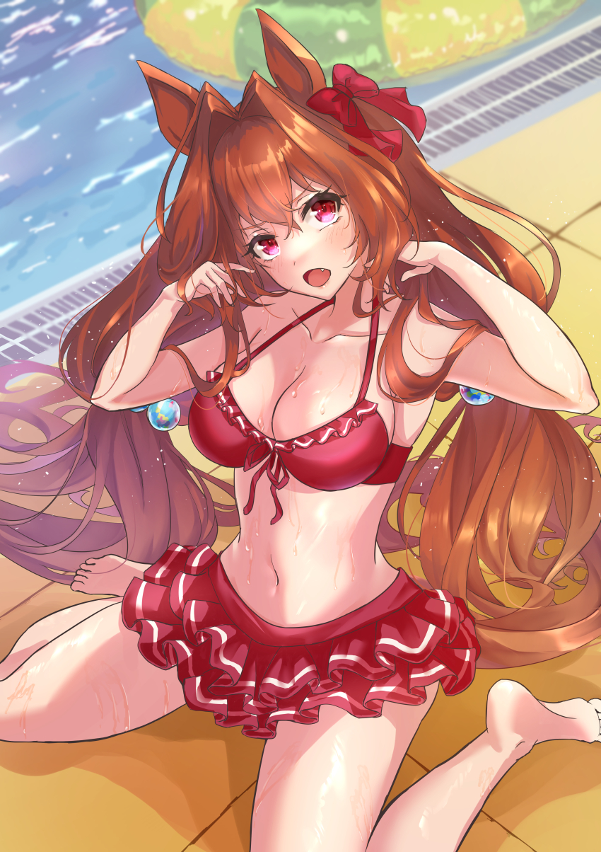 1girl, absurdres, animal_ears, barefoot, bikini, bikini_skirt, blush, breasts