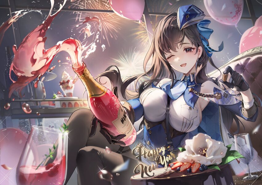 0jae, 1girl, ;d, absurdres, aiguillette, balloon, belt, between_breasts