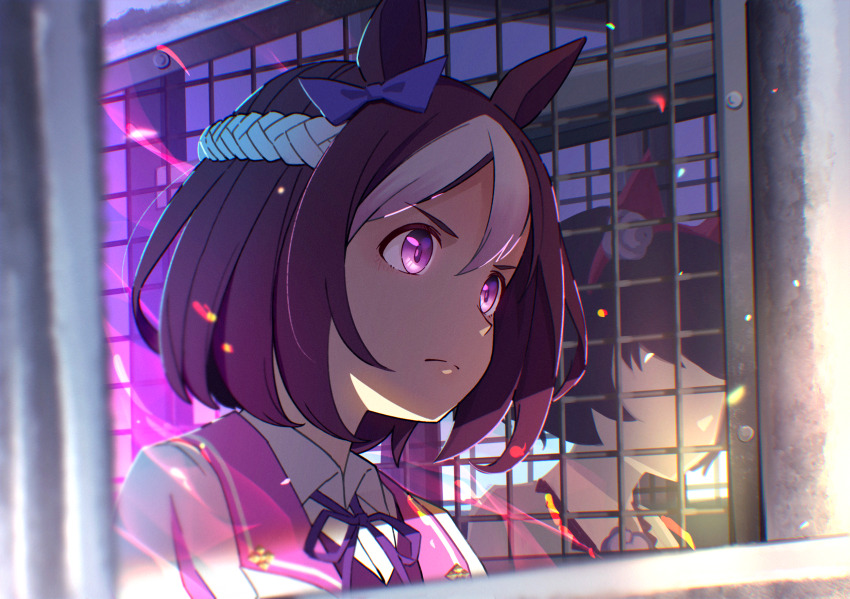 2girls, animal_ears, aura, bow, brown_hair, closed_mouth, ear_bow, frown