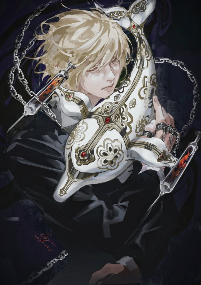 1boy, black_jacket, blonde_hair, chain, closed_eyes, collared_shirt, dated, dolphin