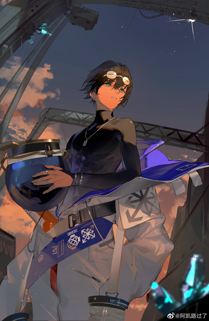 1boy, absurdres, akai_999, black_bodysuit, black_hair, bodysuit, cloud, cloudy_sky, cowboy_shot, diving_helmet, diving_suit, dog_tags, dry_suit, earrings, eyewear_on_head, girls'_frontline, girls'_frontline_neural_cloud, green_eyes, helmet, highres, holding, holding_unworn_helmet, jewelry, male_focus, outdoors, oxygen_tank, ring, short_hair, sky, solo, star_(sky), sueyoi_(neural_cloud), unworn_helmet, watermark, weibo_watermark