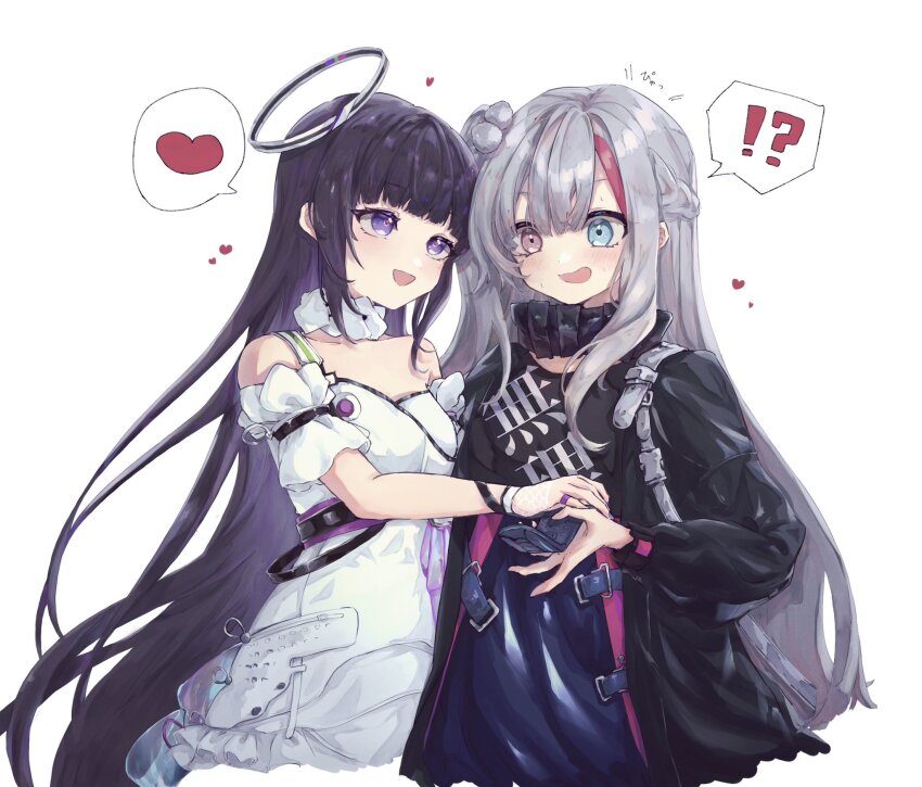 !?, 2girls, :d, bare_shoulders, black_jacket, black_shirt, blue_eyes, blush, cellphone, commentary_request, dress, drfrsabi_3, flip_phone, girls'_frontline, girls'_frontline_neural_cloud, grey_hair, hair_bobbles, hair_ornament, halo, heart, heterochromia, highres, jacket, kuro_(neural_cloud), long_hair, looking_at_another, mdr_(girls'_frontline), multiple_girls, nanaka_(neural_cloud), one_side_up, open_mouth, phone, pink_eyes, purple_eyes, purple_hair, shirt, sidelocks, simple_background, smile, spoken_heart, spoken_interrobang, upper_body, very_long_hair, white_background, white_dress, yuri