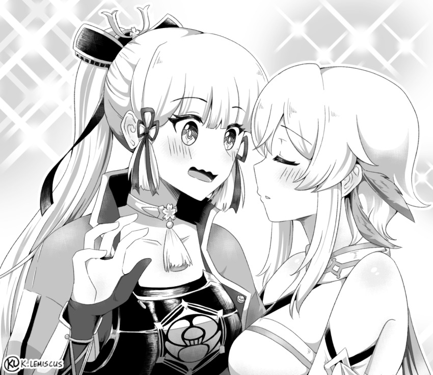 2girls, armor, ayaka_(genshin_impact), blush, closed_eyes, dou, genshin_impact, greyscale, japanese_armor, kaylemiscus, kote, kusazuri, looking_at_another, lumine_(genshin_impact), monochrome, multiple_girls, neck_tassel, parted_lips, tassel, yuri