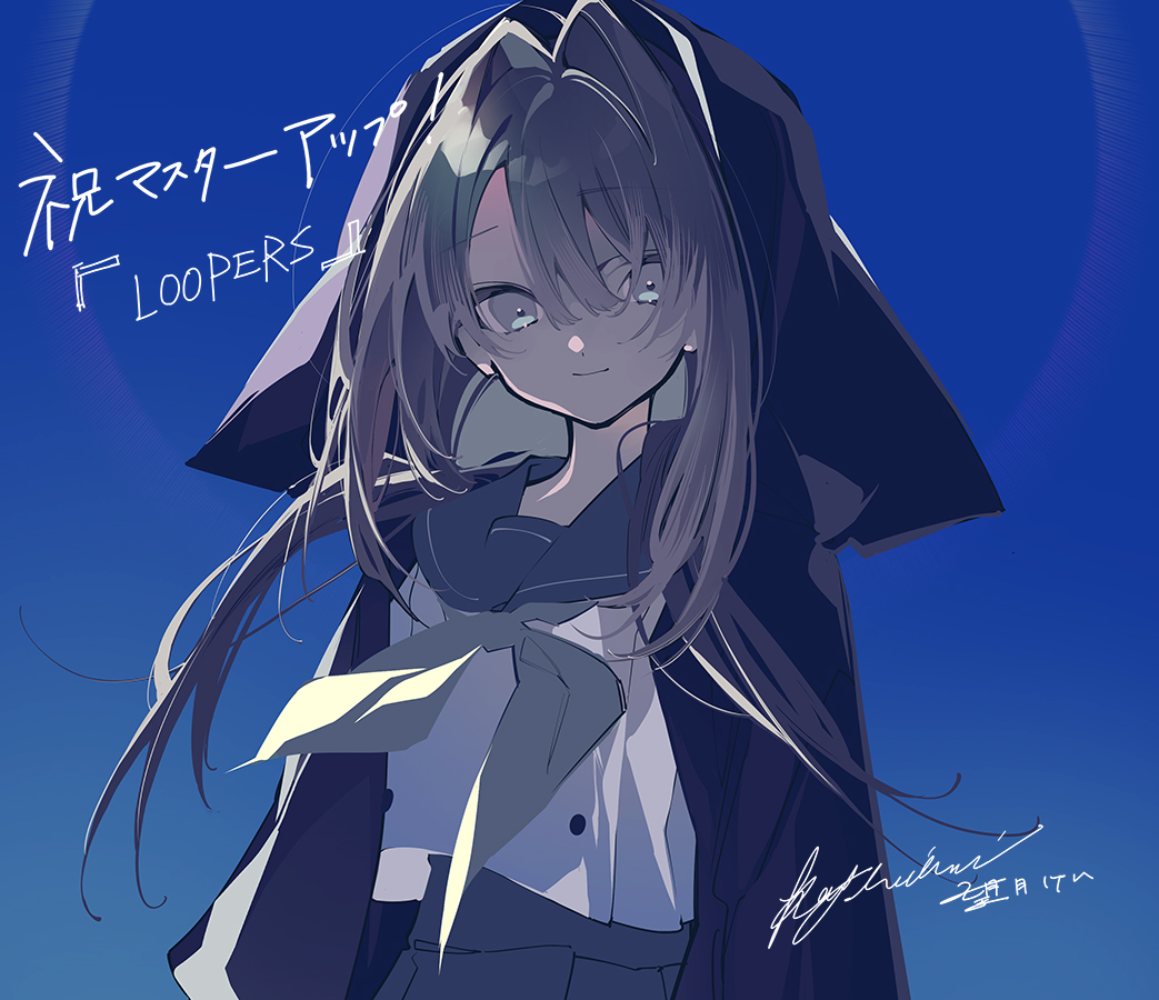 1girl, black_cloak, blue_sailor_collar, cloak, fujikawa_mia, green_eyes, grey_hair, hair_between_eyes