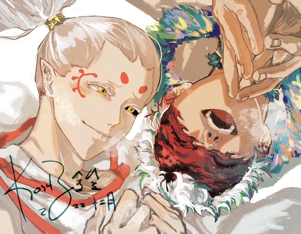 2boys, black_clover, capelet, closed_eyes, elf, facial_mark, hood, hooded_capelet