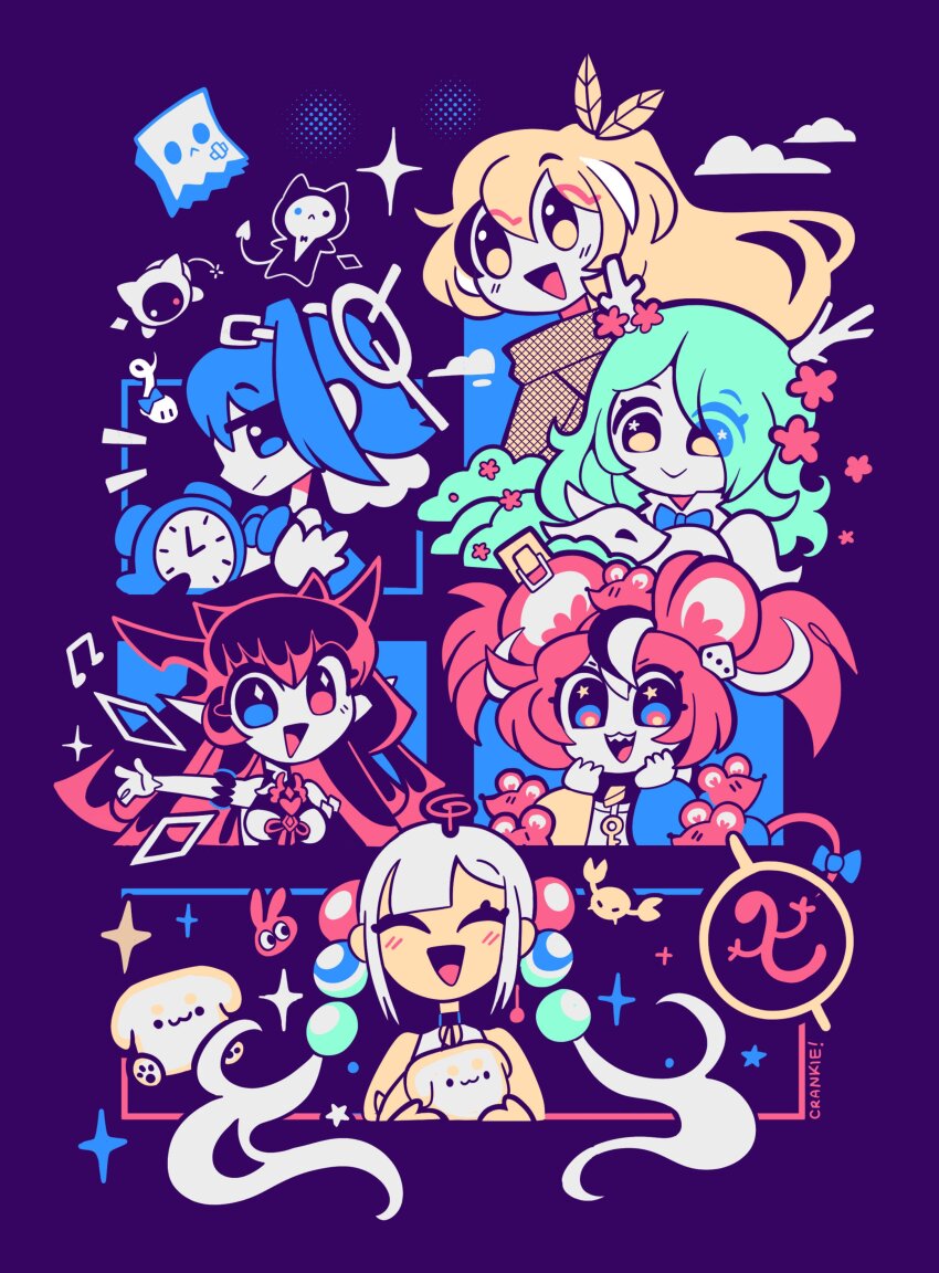 6+girls, :>, absurdres, ahoge, animal_ears, antlers, black_collar, black_hair, blonde_hair, bloom_(irys), blue_eyes, blue_hair, blue_ribbon, boros_(ouro_kronii), brooch, brown_cloak, bush, ceres_fauna, chain, chain_headband, cloak, cloud, collar, crankie, crop_top, dark-skinned_female, dark_skin, detached_sleeves, dice_hair_ornament, dress, feather_hair_ornament, feathers, flower, friend_(nanashi_mumei), gloom_(irys), green_hair, hair_flower, hair_intakes, hair_ornament, hairclip, hakos_baelz, halo, halterneck, heart, heart_brooch, heterochromia, highres, holocouncil, hololive, hololive_english, horns, irys_(hololive), jewelry, kaniko_(tsukumo_sana), kronie_(ouro_kronii), long_hair, mascot, mechanical_halo, mouse_ears, mouse_girl, mouse_tail, mousetrap, mr._squeaks_(hakos_baelz), multicolored_hair, multiple_girls, musical_note, nanashi_mumei, nanashi_mumei_(1st_costume), nemu_(ceres_fauna), off-shoulder_shirt, off_shoulder, ouro_kronii, pink_eyes, planet_hair_ornament, pointy_ears, purple_hair, red_hair, ribbon, sanallite_(tsukumo_sana), shirt, short_hair, sleeveless, sleeveless_dress, smile, sparkle, spiked_collar, spikes, streaked_hair, tail, triangle_mouth, tsukumo_sana, twintails, usaslug_(tsukumo_sana), veil, very_long_hair, virtual_youtuber, white_hair, white_shirt, white_sleeves, yatagarasu_(tsukumo_sana), yellow_eyes