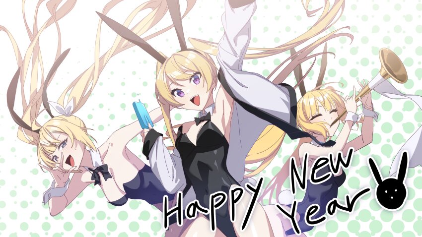 3girls, \m/, absurdres, ahoge, alternate_costume, animal_ears, armpits, bare_shoulders