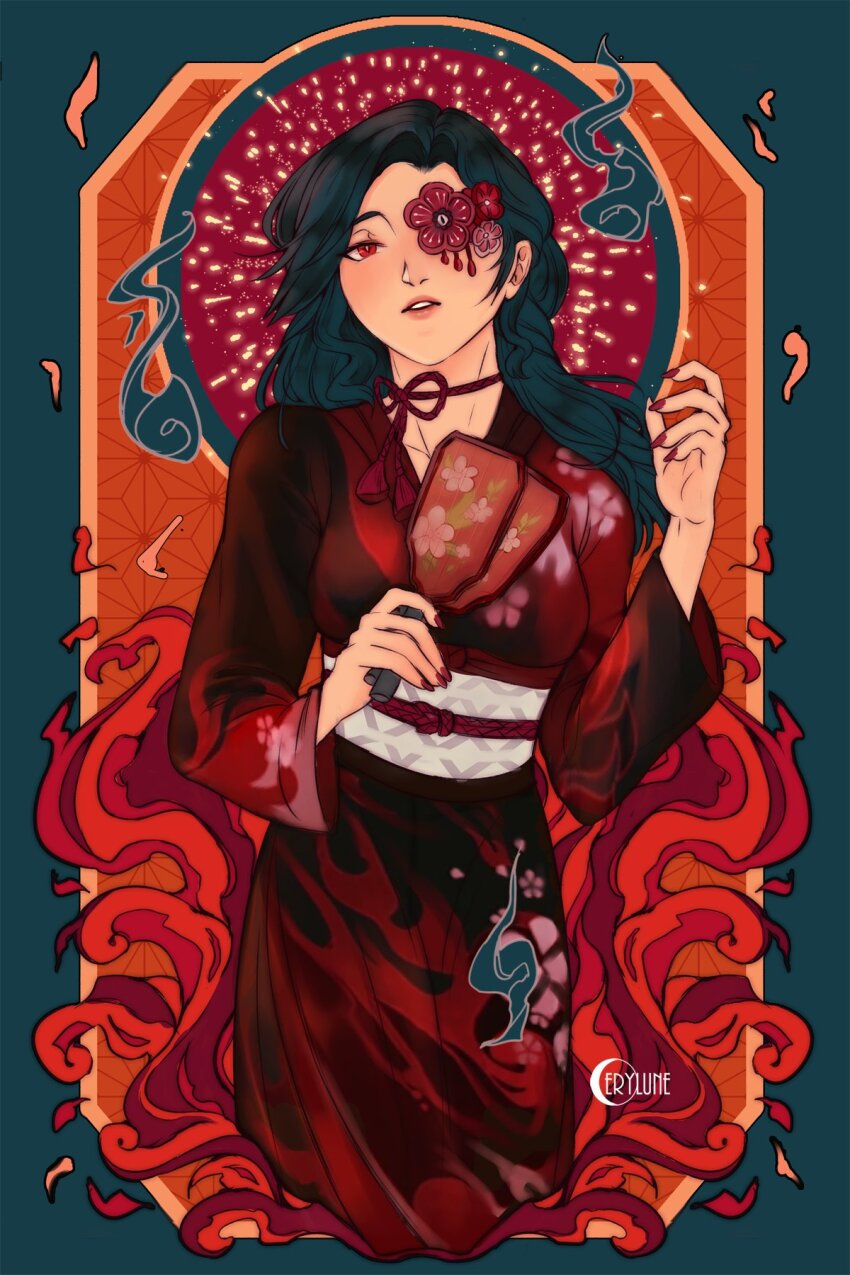 1girl, black_hair, black_kimono, cerylune, flower, flower_eyepatch, genshin_impact, hanyuuda_chizuru, highres, hitodama, japanese_clothes, kimono, long_hair, obiage, obijime, red_eyes, red_flower, sash, white_sash, wide_sleeves