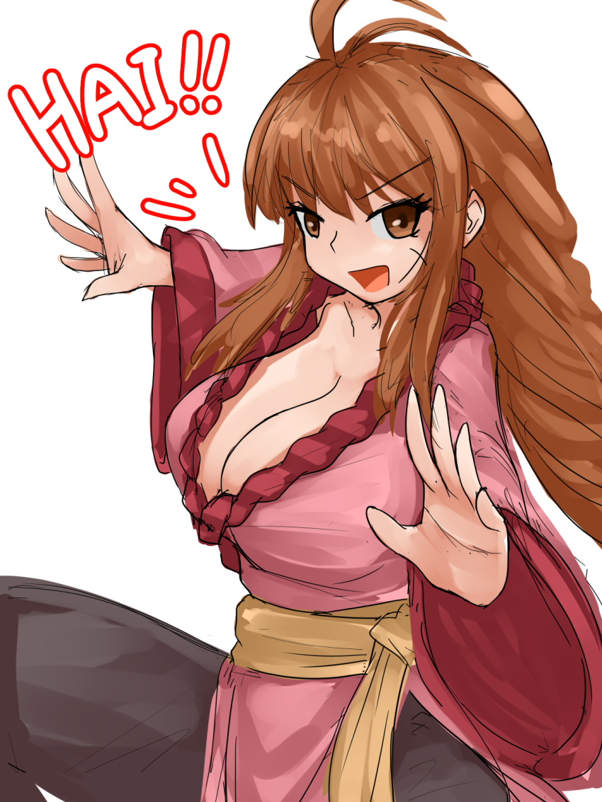 1girl, antenna_hair, breasts, brown_eyes, brown_hair, china_dress, chinese_clothes, cleavage