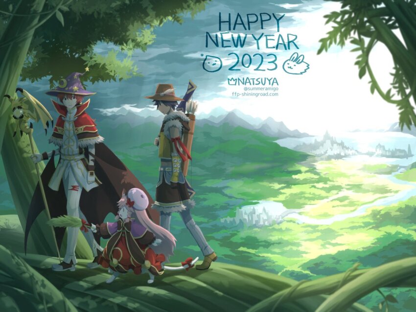 1girl, 2023, 2boys, armband, arrow_(projectile), bow, bow_(weapon), bowtie