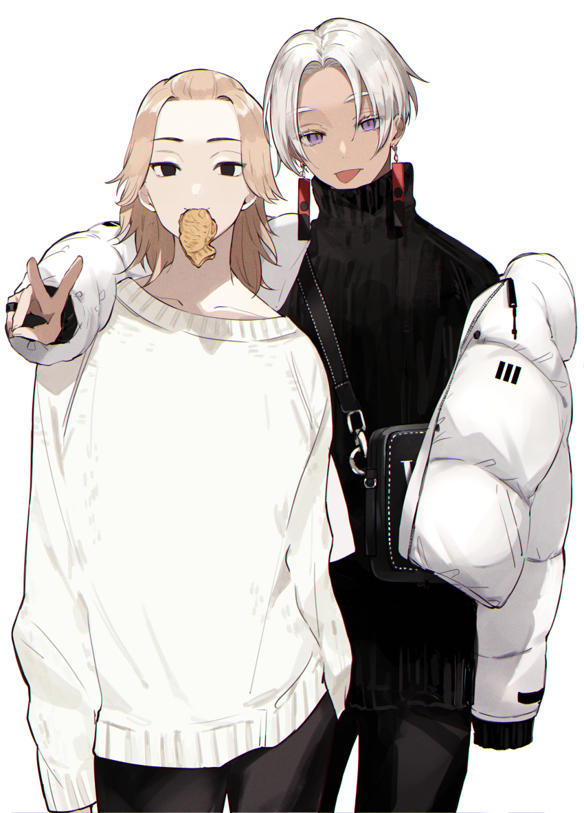 2boys, absurdres, bag, black_eyes, black_pants, black_sweater, blonde_hair, cowboy_shot