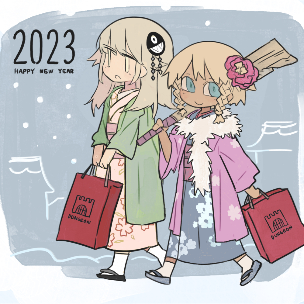 2023, 2girls, bag, game_club_(mozou_crystal), japanese_clothes, kimono, mozou_crystal, multiple_girls