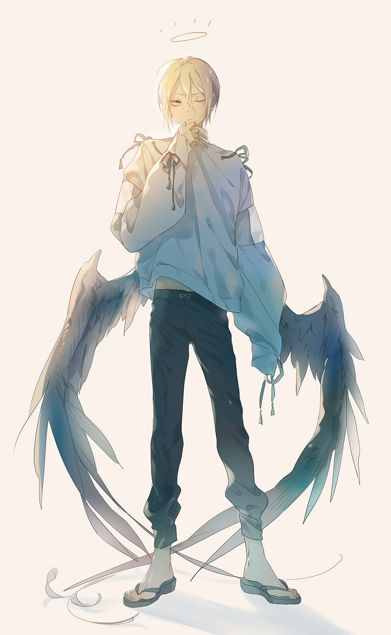 1boy, black_pants, black_wings, blonde_hair, closed_mouth, eyokiki, feathered_wings, full_body