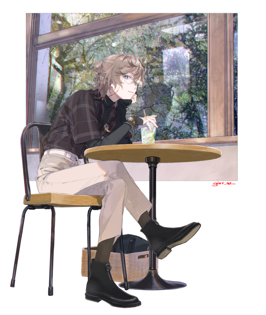 1boy, :3, ankle_boots, bag, basket, belt, black_boots, black_shirt