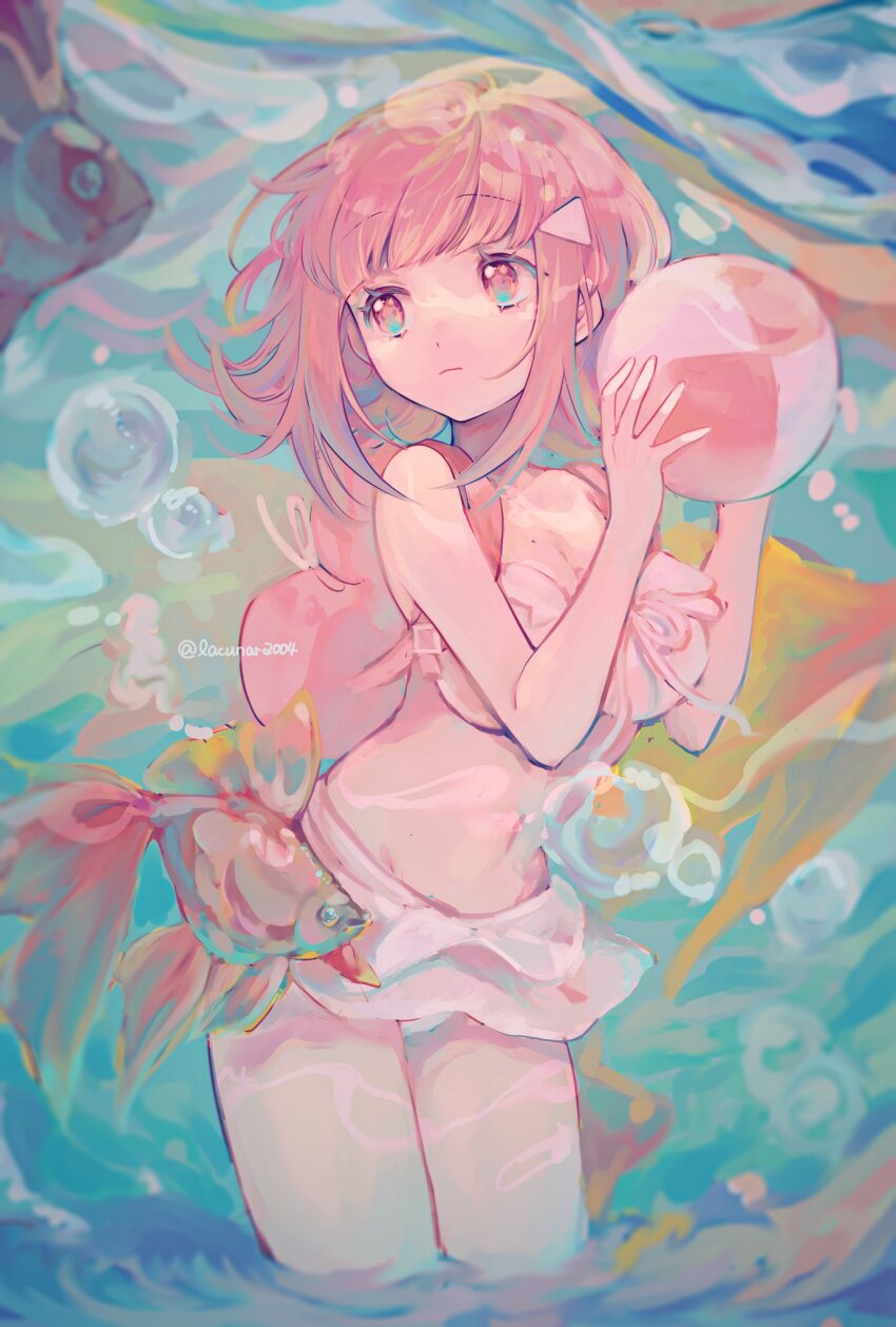 1girl, animal, backpack, bag, bare_shoulders, bikini, danganronpa_(series), danganronpa_2:_goodbye_despair, fish, hair_ornament, hands_up, highres, holding, liang_cun_rakuna, medium_hair, nanami_chiaki, navel, official_alternate_costume, pink_bag, pink_eyes, pink_hair, solo, stomach, swimsuit, triangle_hair_ornament, water