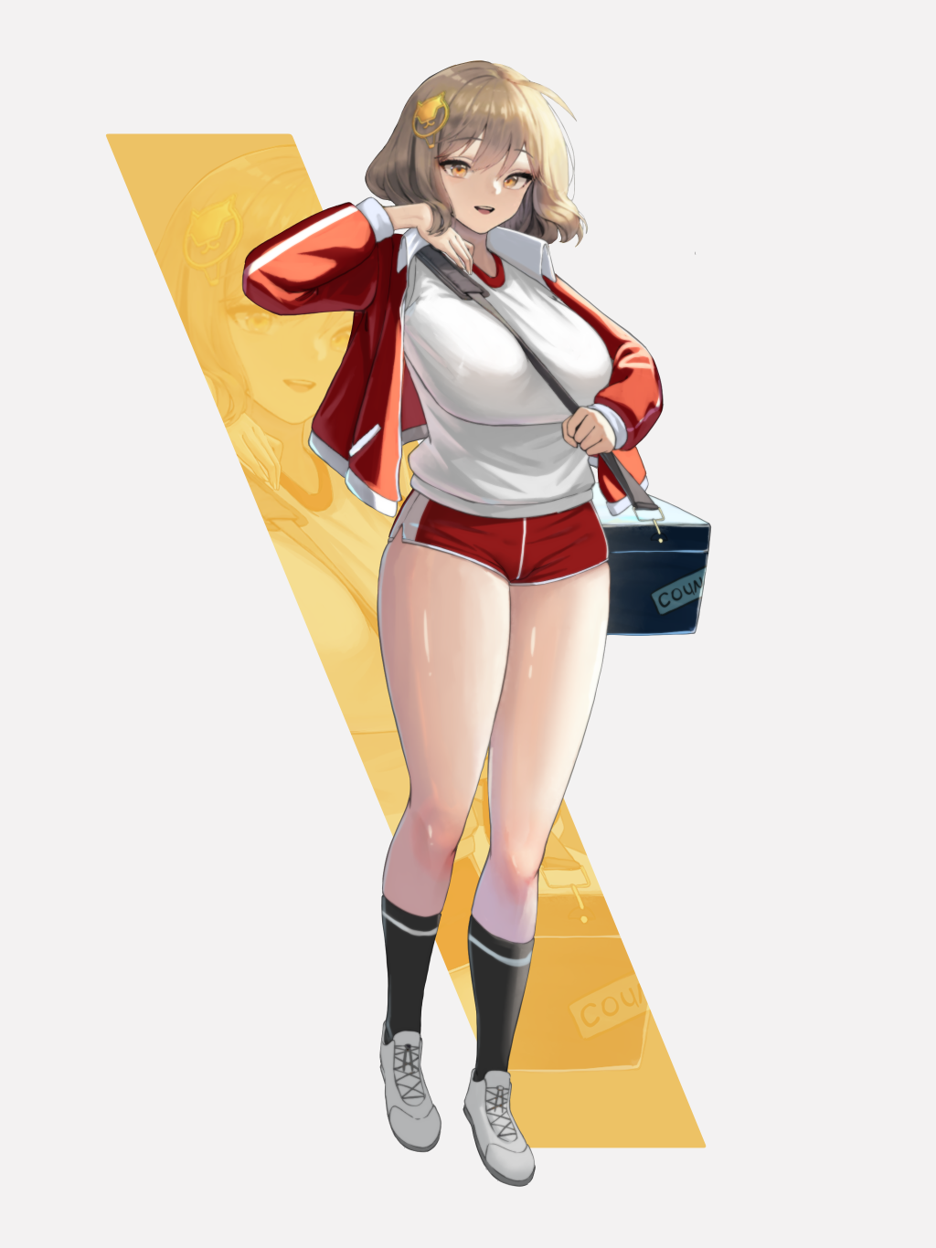 1girl, anis_(nikke), black_socks, blonde_hair, buruma, goddess_of_victory:_nikke, gym_shirt, gym_uniform, hair_ornament, highres, jacket, open_clothes, open_jacket, red_buruma, shirt, simple_background, socks, thighs, visunoriva, yellow_eyes