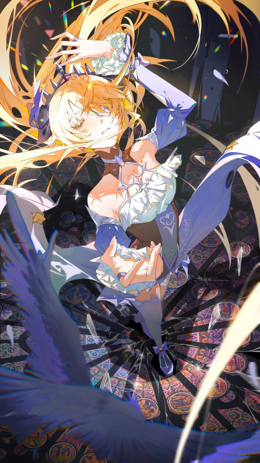 1girl, bare_shoulders, blonde_hair, breasts, castle, closed_eyes, closed_mouth, detached_sleeves, dress, eyepatch, fischl_(ein_immernachtstraum)_(genshin_impact), fischl_(genshin_impact), frills, genshin_impact, hair_over_one_eye, high_heels, highres, jewelry, long_hair, long_sleeves, medium_breasts, mi_zhang, official_alternate_costume, oz_(genshin_impact), princess, purple_dress, purple_footwear, red_eyes, ribbon, ring, solo, sunlight, thighhighs, tiara, white_thighhighs