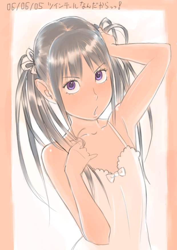 1girl, adjusting_hair, angry, annoyed, armpits, arms_up, black_hair, camisole