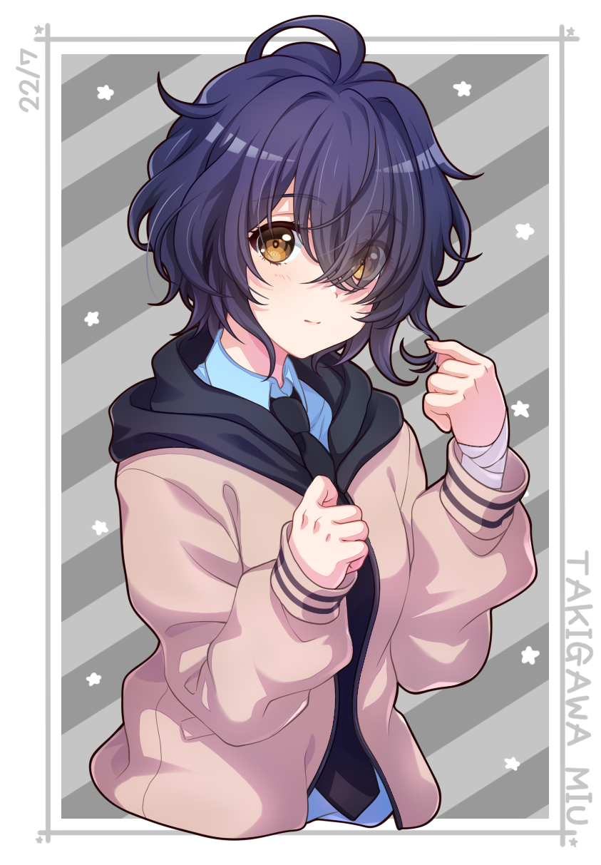 1girl, 22/7, ahoge, ayakura_azuma, bandages, black_hair, black_necktie, blue_hair, blue_shirt, brown_eyes, brown_jacket, dress_shirt, hair_over_eyes, hair_over_one_eye, highres, jacket, long_sleeves, looking_at_viewer, necktie, open_clothes, open_jacket, school_uniform, shirt, short_hair, takigawa_miu, upper_body