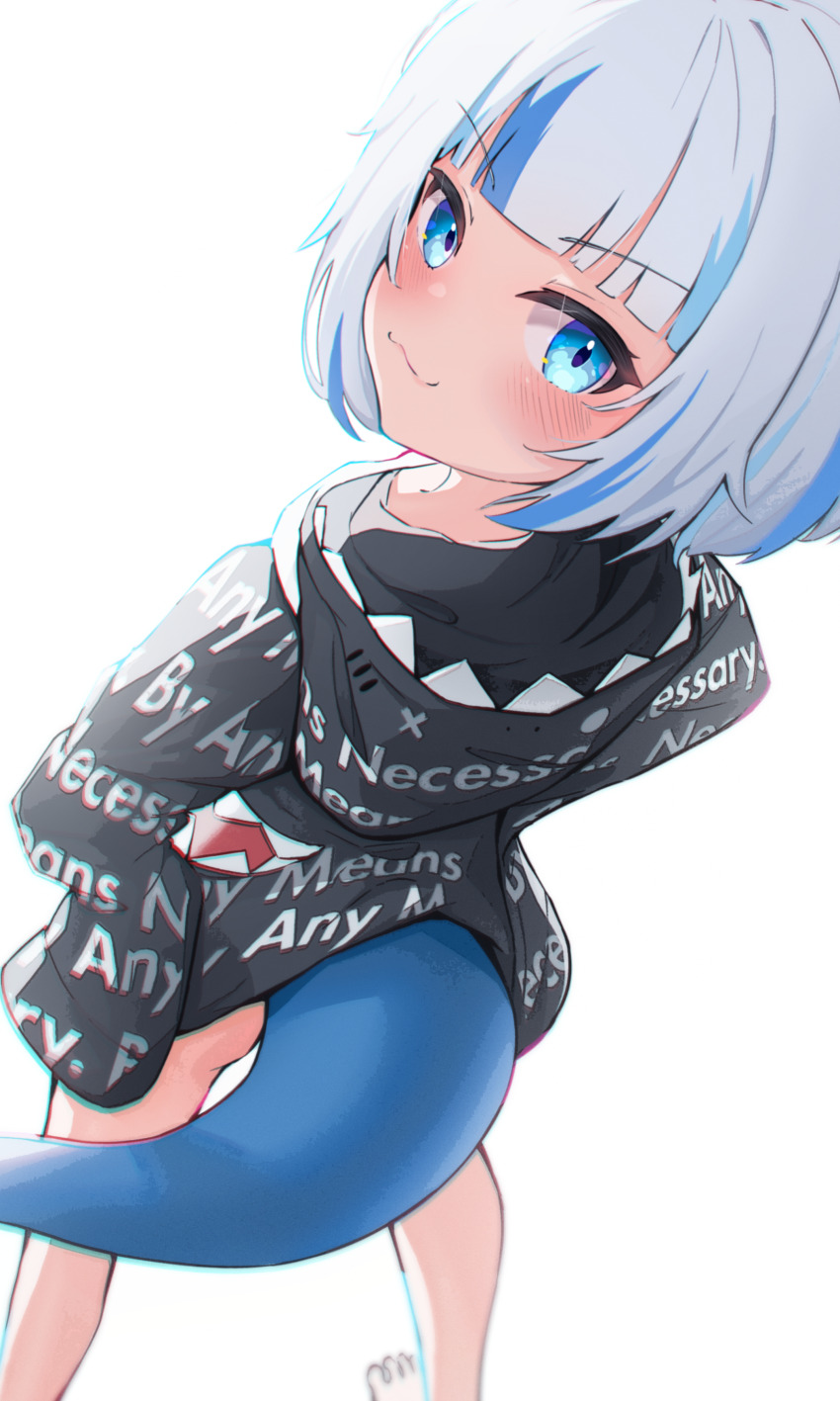 1girl, :3, absurdres, adapted_costume, ass, blue_eyes, blue_hair, bottomless, drip_(meme), fins, fish_tail, from_above, from_behind, gawr_gura, grey_hoodie, hair_ornament, highres, hololive, hololive_english, hood, hoodie, looking_at_viewer, meme, multicolored_hair, no_panties, shark_girl, shark_tail, smile, solo, standing, streaked_hair, supreme_(brand), tail, tppo, virtual_youtuber, white_hair