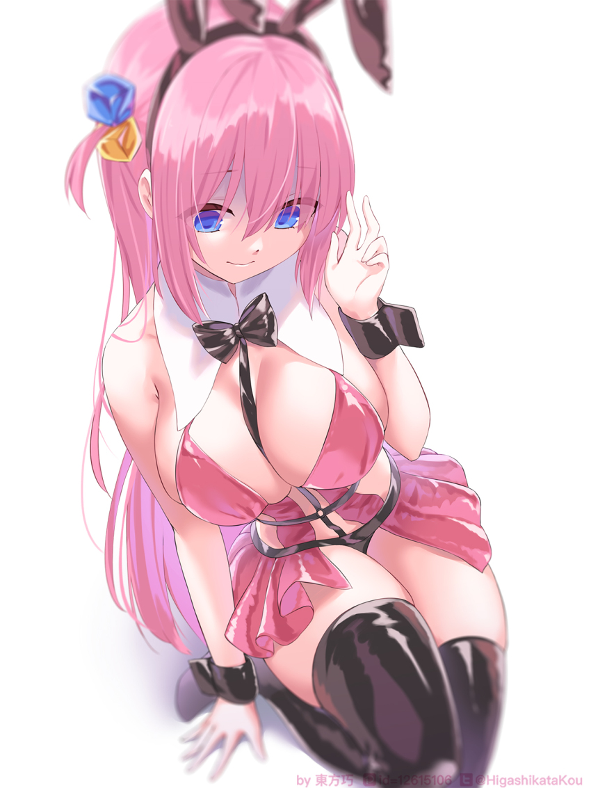 1girl, amatou_(ko_me_9), animal_ears, black_leotard, black_panties, black_thighhighs, blue_eyes, blurry, bocchi_the_rock!, bow, bowtie, breasts, cleavage, cube_hair_ornament, depth_of_field, detached_collar, fake_animal_ears, gotoh_hitori, hair_between_eyes, hair_ornament, hair_over_eyes, highres, large_breasts, latex, latex_legwear, latex_thighhighs, leotard, light_smile, long_hair, one_side_up, panties, pink_hair, pink_leotard, playboy_bunny, rabbit_ears, simple_background, solo, thighhighs, thighs, underwear, wrist_cuffs