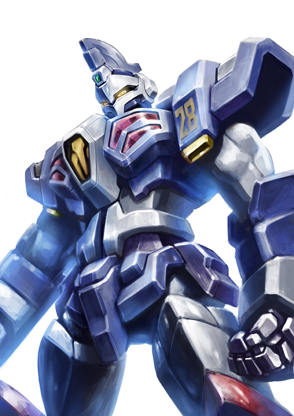 clenched_hands, glowing, glowing_eyes, looking_down, mecha, mecha_focus, no_humans, orange_eyes