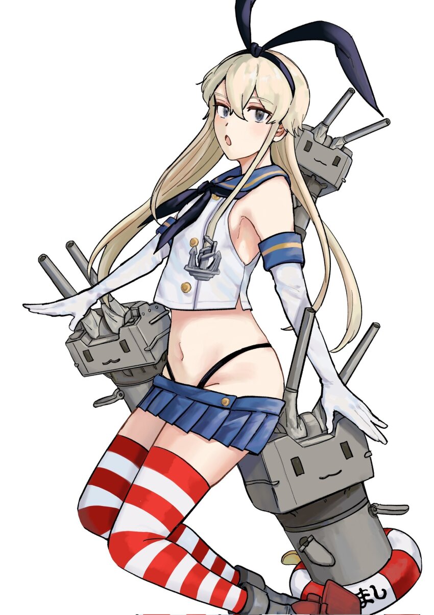 1girl, anchor_hair_ornament, black_hairband, black_neckerchief, black_panties, blonde_hair, blue_sailor_collar, blue_skirt, crop_top, elbow_gloves, feet_out_of_frame, gloves, grey_eyes, hair_ornament, hairband, highleg, highleg_panties, highres, kantai_collection, long_hair, looking_at_viewer, microskirt, miniskirt, neckerchief, nidou, panties, pleated_skirt, rensouhou-chan, sailor_collar, shimakaze_(kancolle), simple_background, skirt, striped_clothes, striped_thighhighs, thighhighs, underwear, white_background, white_gloves