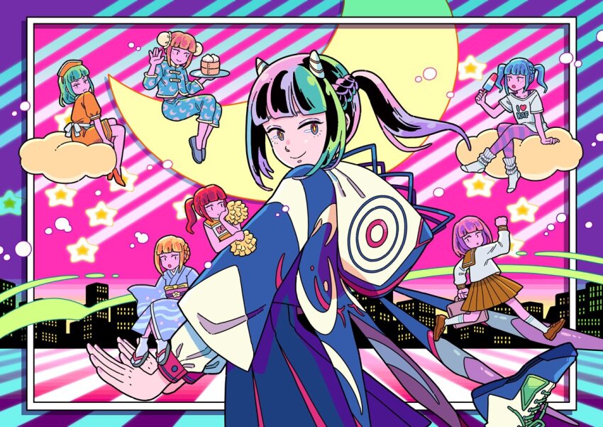 1girl, steamed_bun, blunt_bangs, braid, bun_cover, cheerleader, chinese_clothes, cityscape, cosplay, crescent_moon, double_bun, food, french_braid, frown, full_body, hair_bun, hood, hood_down, hooded_jacket, horns, jacket, japanese_clothes, kaf_(kamitsubaki_studio), kamitsubaki_studio, kimono, kneehighs, leg_up, loafers, lum, lum_(cosplay), moon, multicolored_eyes, multicolored_hair, multiple_views, no_shoes, oni, open_mouth, plate, pleated_skirt, pom_pom_(cheerleading), ponytail, sailor_collar, sandals, school_uniform, serafuku, shirt, shoes, shooting_star, sidelocks, skirt, smile, socks, star_(sky), t-shirt, tabi, twintails, urusei_yatsura, utomaru, virtual_youtuber, waitress, yellow_pupils, zouri