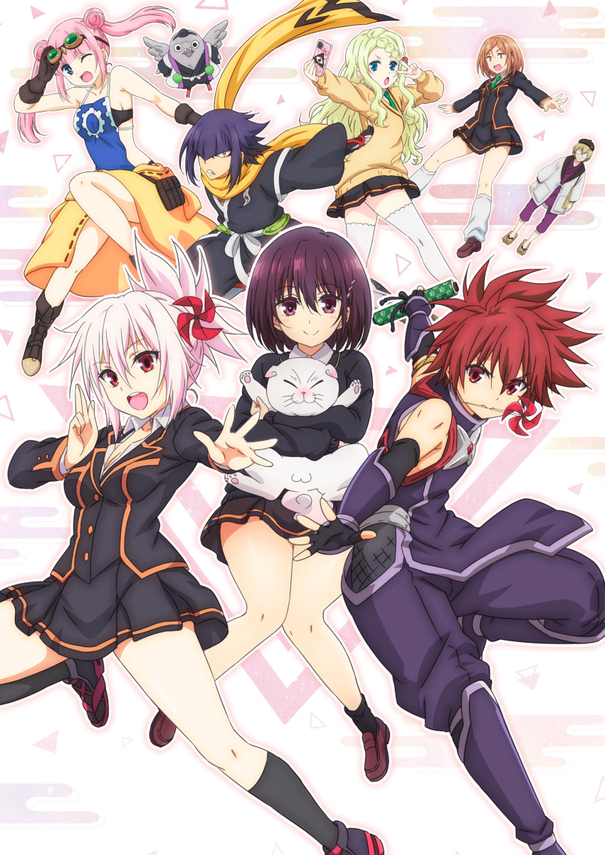 2others, 3boys, 5girls, :d, ayakashi_triangle, bare_shoulders, black_skirt, blazer, blonde_hair, blue_eyes, bodystocking, braid, breasts, brown_hair, cellphone, cleavage, double_bun, dual_persona, english_text, everyone, eyelashes, fingerless_gloves, fishnet_bodystocking, fishnets, furukawa_hideki, garaku_utagawa, genderswap, genderswap_(mtf), glasses, gloves, goggles, goggles_on_head, hair_bun, hair_ornament, happy, highres, jacket, kanade_suzu, kazamaki_matsuri, kazamaki_matsuri_(female), kazamaki_matsuri_(male), key_visual, korogi_reo, long_hair, looking_at_viewer, medium_breasts, medium_hair, multiple_boys, multiple_girls, multiple_others, necktie, ninja, ninokuru_ponosuke, ninokuru_soga, official_art, open_mouth, phone, pink_eyes, pink_hair, pinwheel, pinwheel_hair_ornament, ponytail, promotional_art, purple_eyes, purple_hair, red_eyes, red_hair, school_uniform, shirogane_(ayatora), shirt, short_hair, skirt, smartphone, smile, source_request, spiked_hair, sweater, thighhighs, toba_yayoi, tsukioka_lucy, twintails, v, white_hair, wings