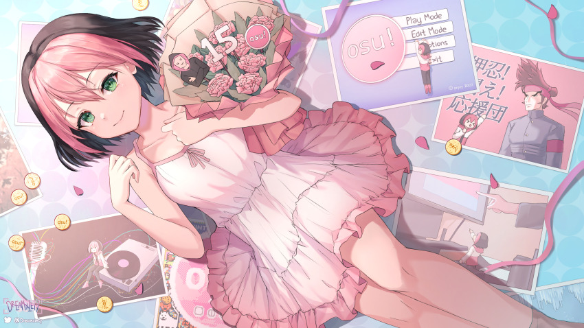 1boy, 1girl, alternate_costume, annoying_dog, artist_name, black_hair, bouquet, breasts