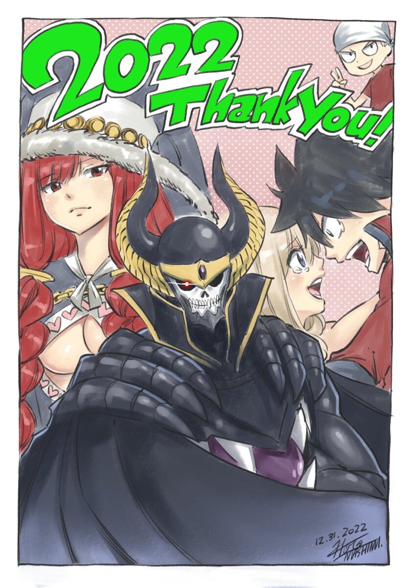 1girl, 2022, absurdres, black_hair, blonde_hair, blue_eyes, braid, breasts, eden's_zero, english_text, fairy_tail, hat, highres, irene_belserion, large_breasts, long_hair, mashima_hiro, official_art, rebecca_bluegarden, red_eyes, red_hair, revealing_clothes, shiki_granbell, twin_braids, underboob, ziggy_(eden's_zero)